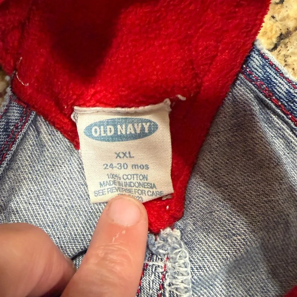 Vintage Old Navy Ski Patrol Fleece Lined Denim Overalls Kids 24-30 M Red Blue